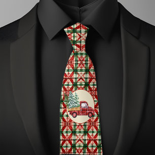 Corbata Patrón de Navidad de Granja Rústica Camioneta Roja