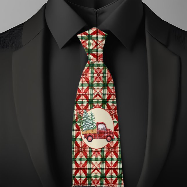 Corbata Patrón de Navidad de Granja Rústica Camioneta Roja (Subido por el creador)