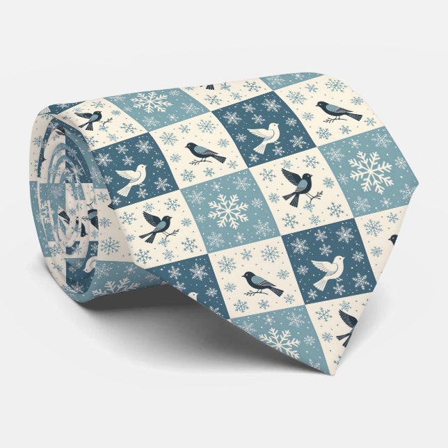 Corbata Patrón de Navidad de invierno de pájaros azules y  (Enrollado)