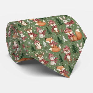 Corbata Patrón de Navidad de zorro, ciervo, conejo y búho