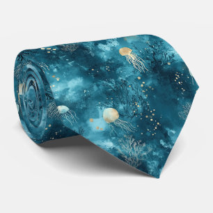 Corbata Patrón de Océano Coral Medusa Azul de Lujo