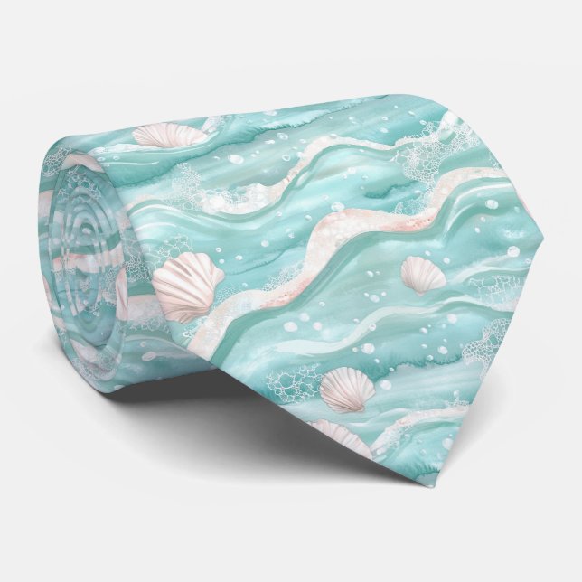Corbata Patrón de olas del océano Aqua y conchas marinas (Enrollado)