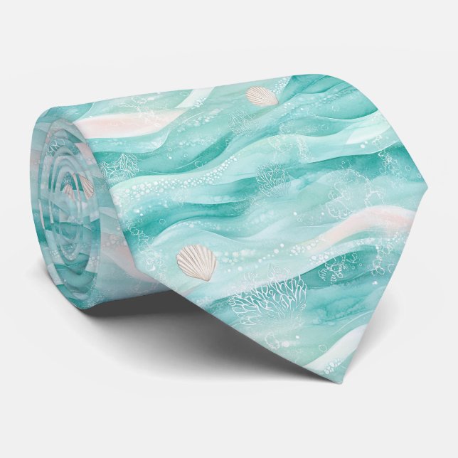 Corbata Patrón de olas y conchas de aqua océano (2) (Enrollado)