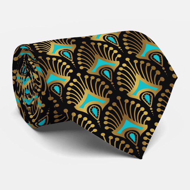 Corbata Patrón de oro y azul Art Deco sobre negro (Enrollado)