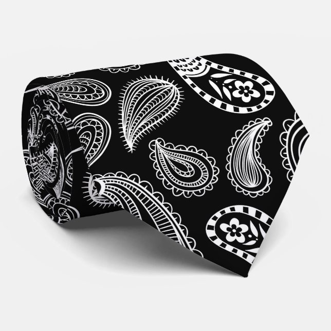 Corbata Patrón de paisley blanco negro (Enrollado)
