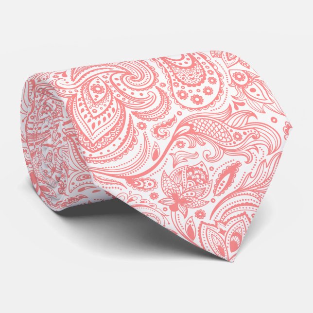 Corbata Patrón de paisley floral blanca y coral-roja (Enrollado)