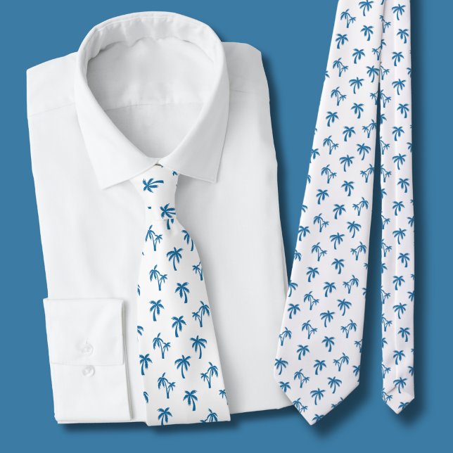 Corbata Patrón de palma tropical azul (blue and white palm tree tie)