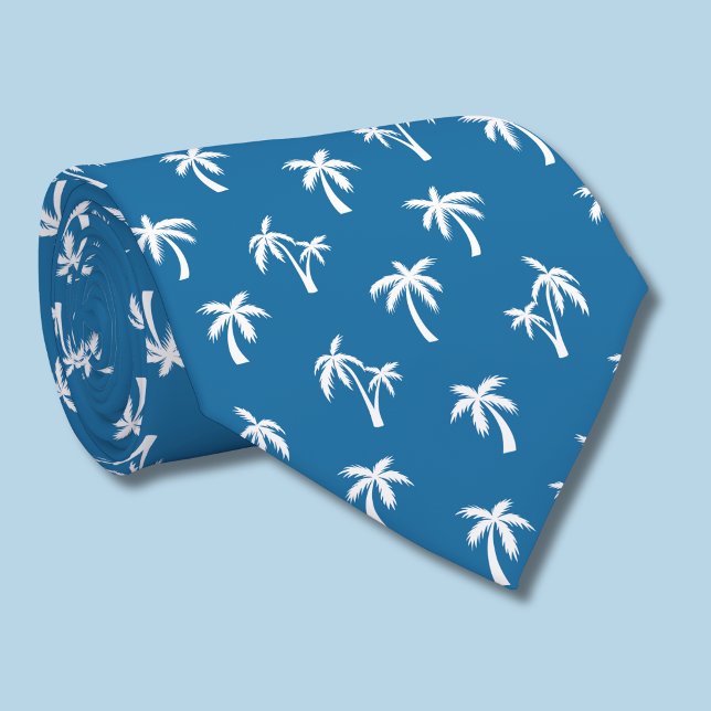 Corbata patrón de palma tropical azul (blue and white palm tree tie)