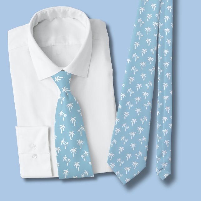 Corbata Patrón de palma tropical bebé azul (light blue and white palm tree tie)