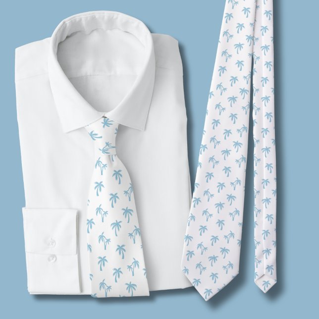 Corbata Patrón de palma tropical bebé azul (light blue and white palm tree tie)