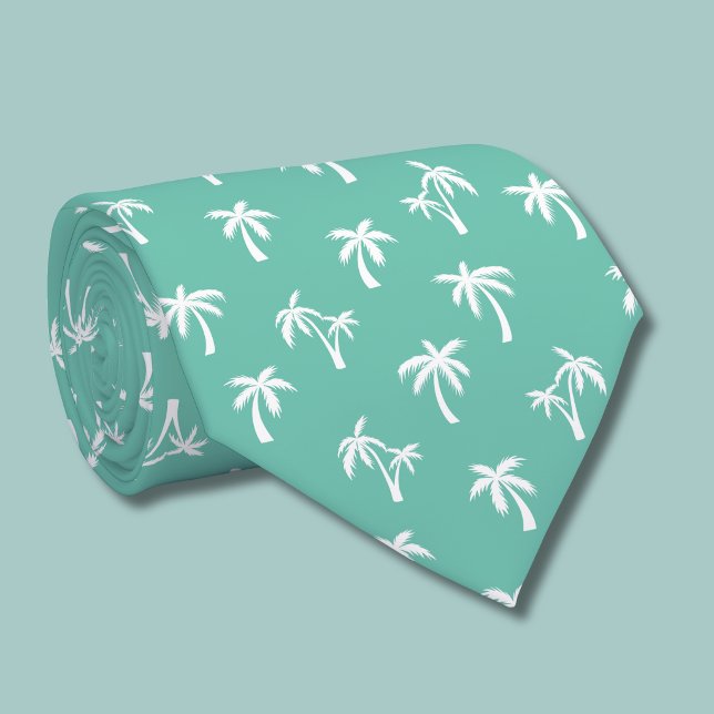 Corbata Patrón de palma tropical verde marino (green and white palm tree tie)