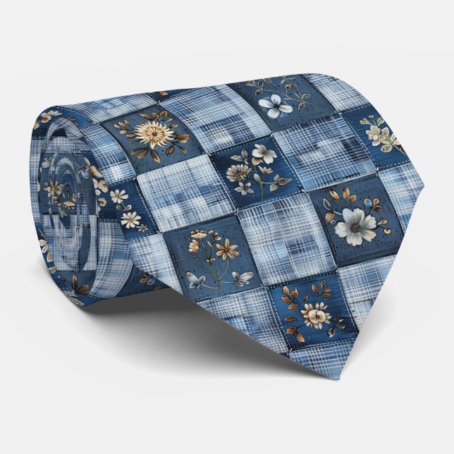 Corbata Patrón de parches florales | Denim Boho (Enrollado)