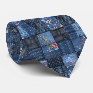 Corbata Patrón de patchwork floral índigo Denim boho