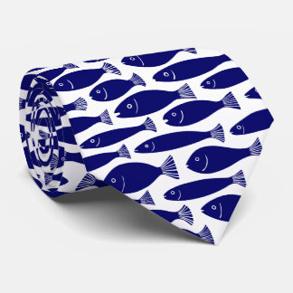 Corbata Patrón de peces - Azul oscuro sobre blanco
