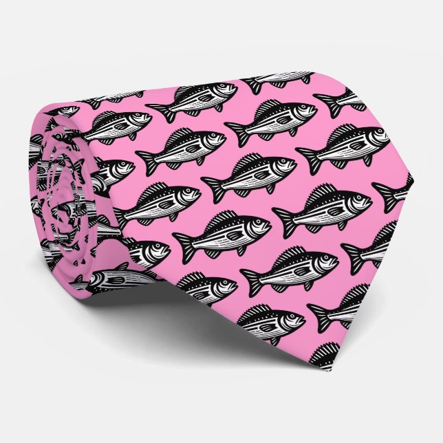 Corbata Patrón de peces - Blanco y negro sobre rosa (Enrollado)