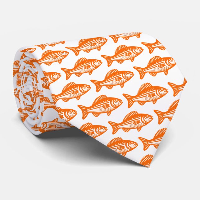 Corbata Patrón de peces - Naranja en blanco (Enrollado)
