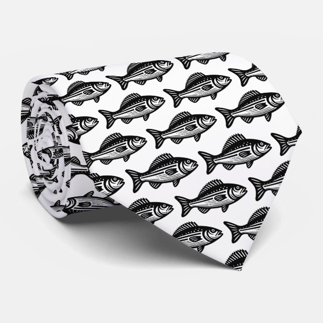 Corbata Patrón de peces - Negro sobre blanco (Enrollado)