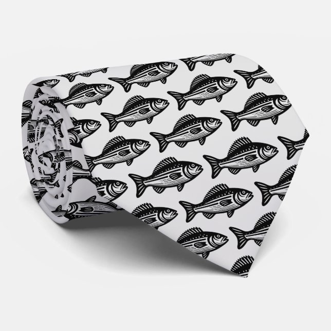 Corbata Patrón de peces - Negro sobre gris claro (Enrollado)