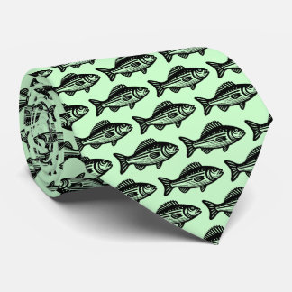 Corbata Patrón de peces - Negro sobre verde fantasma