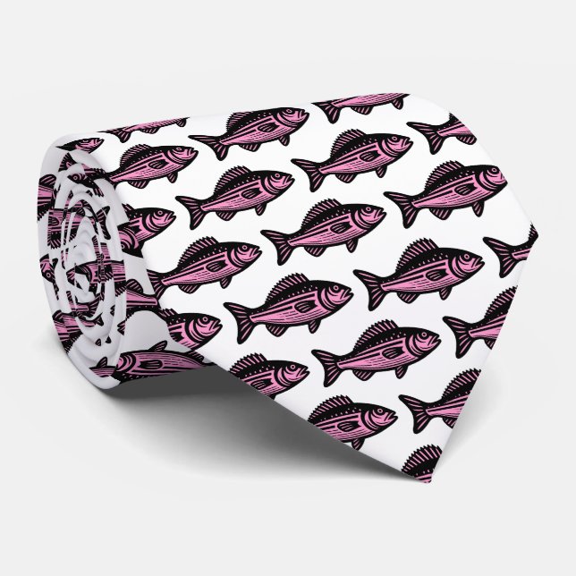 Corbata Patrón de peces - Negro y rosa en blanco (Enrollado)