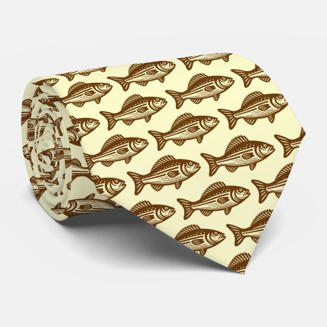 Corbata Patrón de peces - Nogal y amarillo pálido (Enrollado)