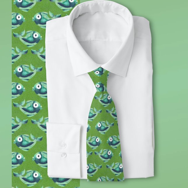 Corbata Patrón de peces Personalizado verde brillante (Whimsical green tie with wide-eyed cartoon fish pattern for fun, aquatic flair.)