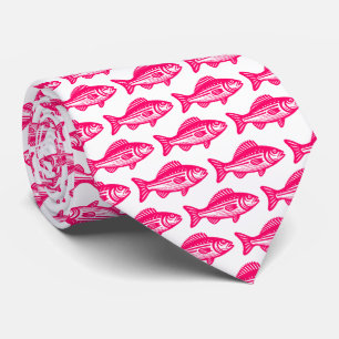 Corbata Patrón de peces - rojo neón sobre blanco
