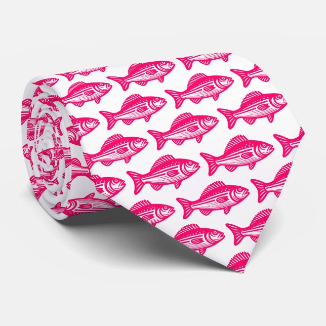 Corbata Patrón de peces - rojo neón sobre blanco (Enrollado)
