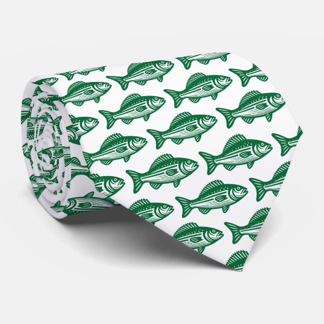 Corbata Patrón de peces - Verde del bosque sobre blanco (Enrollado)