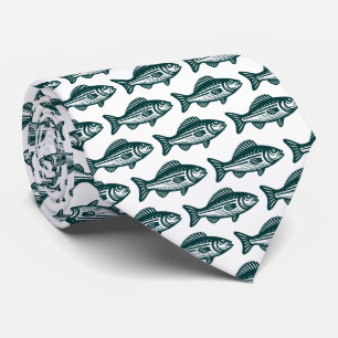 Corbata Patrón de peces - Verde oscuro sobre blanco