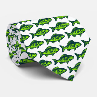 Corbata Patrón de peces - Verde oscuro y coro sobre blanco