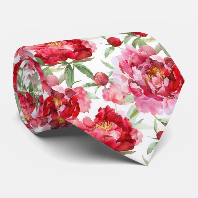 Corbata Patrón de peonía roja en acuarela (Enrollado)