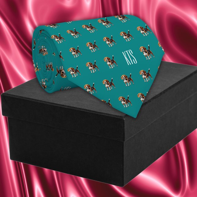 Corbata Patrón de perros Beagle Monogramado Veterinario (Beagle Dogs Pattern Monogrammed Veterinarian Neck Tie in teal color.)