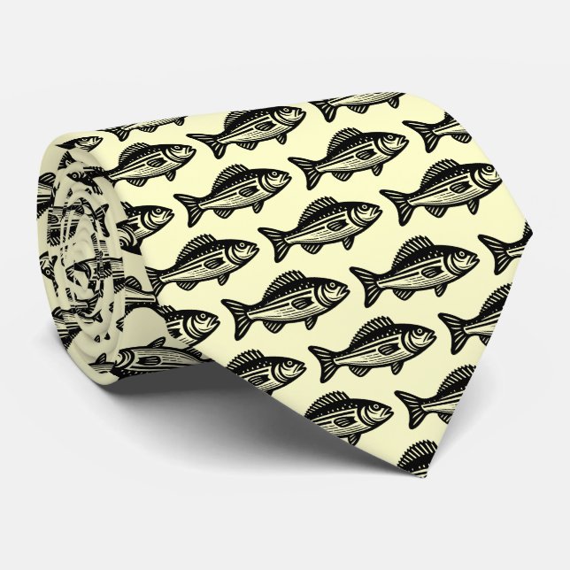 Corbata Patrón de pescado - Negro sobre amarillo pálido (Enrollado)