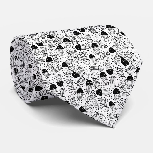 Corbata Patrón de pez gelatina de doodle blanco y negro (Enrollado)