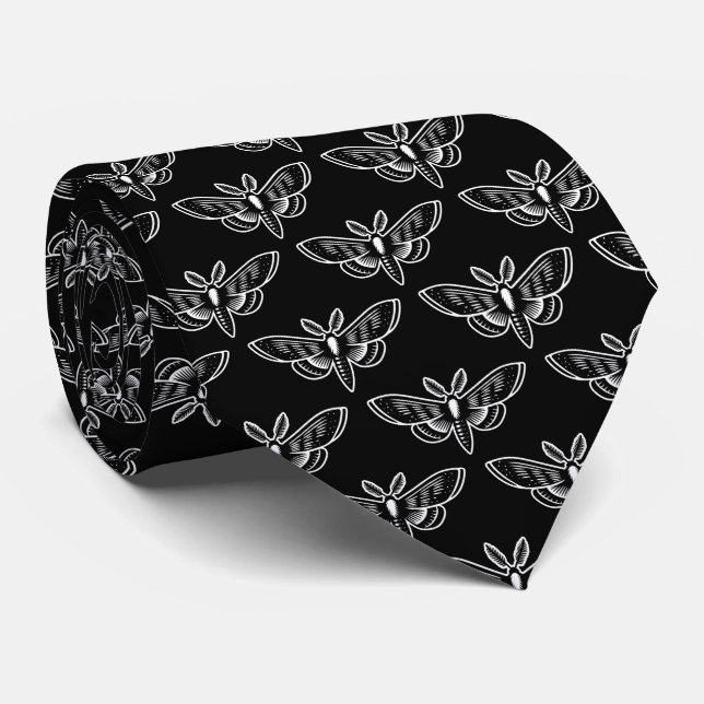Corbata Patrón de polilla - Blanco sobre negro (Enrollado)