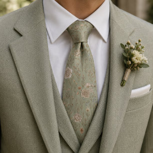 Corbata Patrón de prado botánico vintage verde salvia
