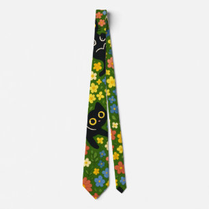 Corbata Patrón de prado floral con gatos negros lindos