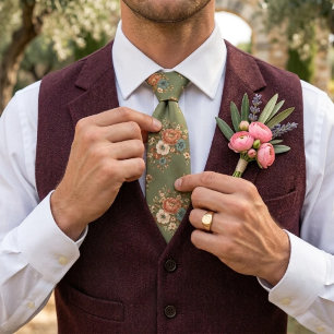 Corbata Patrón de Ramo de Chintz de Rosa con Verde Salvia