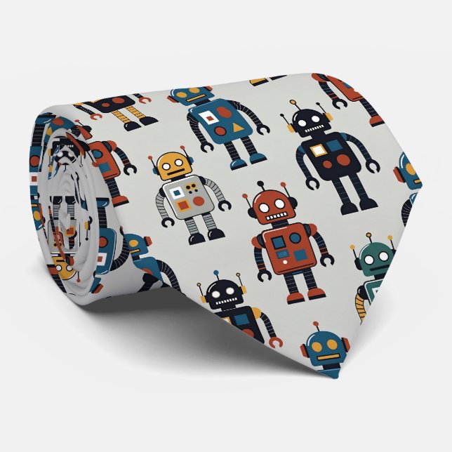 Corbata Patrón de Robot Retro Colorido (Enrollado)