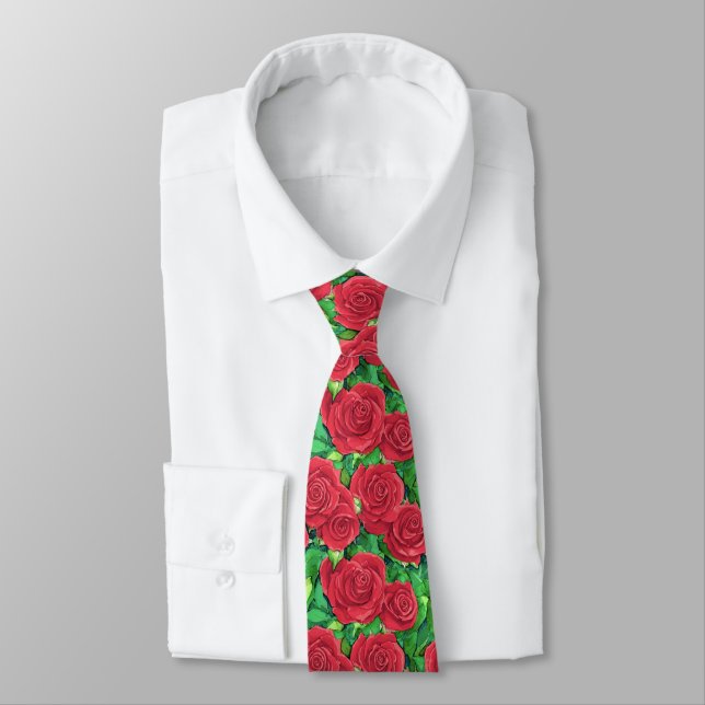 Corbata Patrón de rosa acuarela rojo / carmesí (Atado)