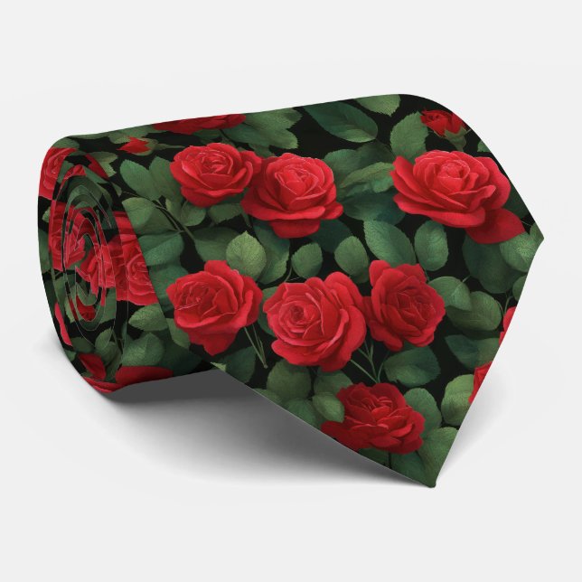 Corbata Patrón de rosa roja elegante oscura (Enrollado)