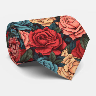 Corbata patrón de rosas rosadas y rojas
