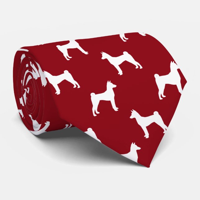 Corbata Patrón de siluetas de perro de Basenji rojo y blan (Enrollado)