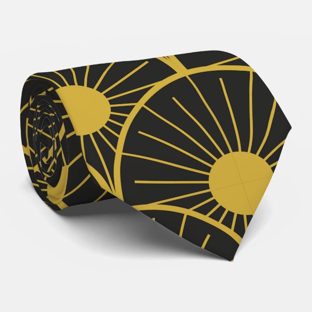 Corbata Patrón de sol dorado Art Deco brillante sobre negr (Enrollado)
