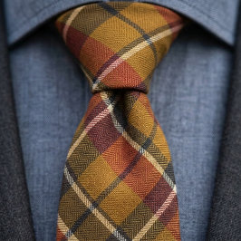 Corbata Patrón de Tartán Verde Mostaza Borgoña