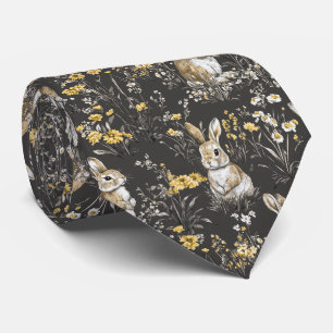 Corbata Patrón de Toile Floral de Conejo Cottagecore Negro
