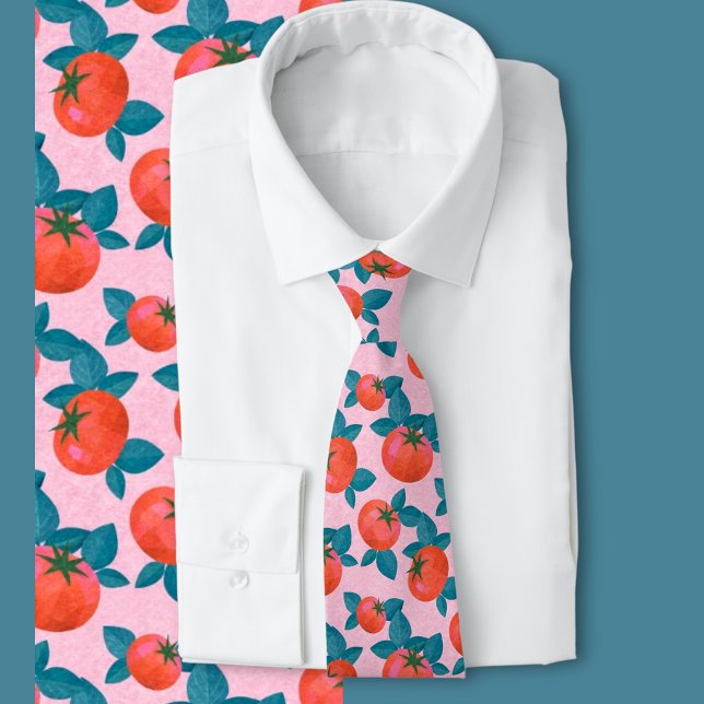 Corbata Patrón de tomate rosa brillante de moda botánica  (Subido por el creador)