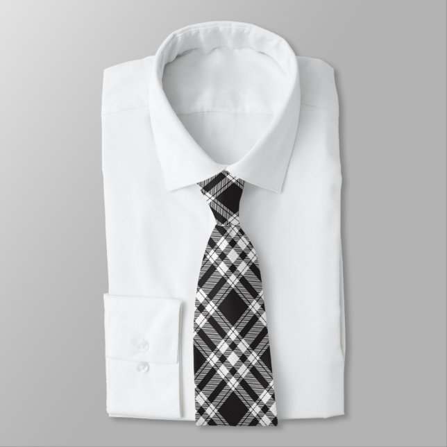 Corbata Patrón de trazos de tartán blanco y negro (Atado)