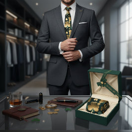 Corbata Patrón de trébol de lámina de oro Día de San Patri